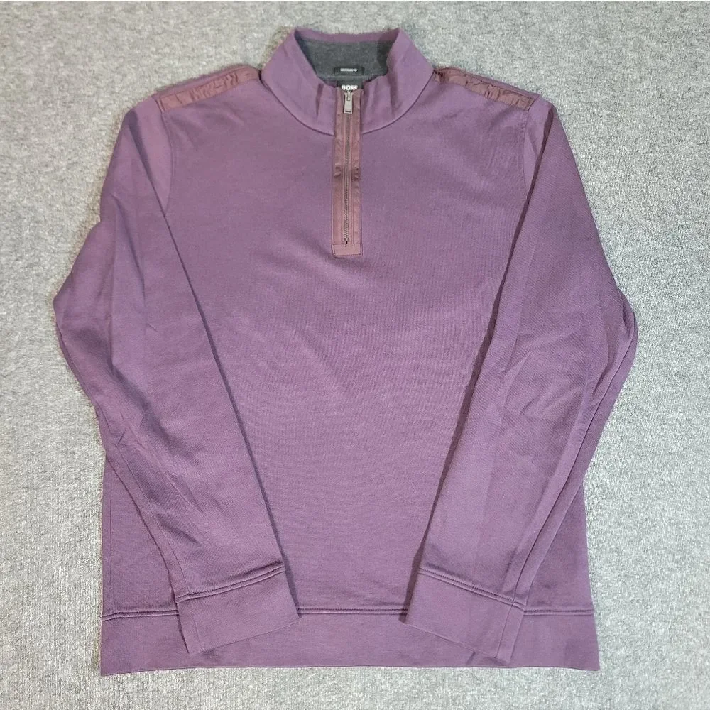 BOSS Hugo Boss 1/4 Zip Pullover Men Medium Plum Mock Neck Sweater Regular Fit